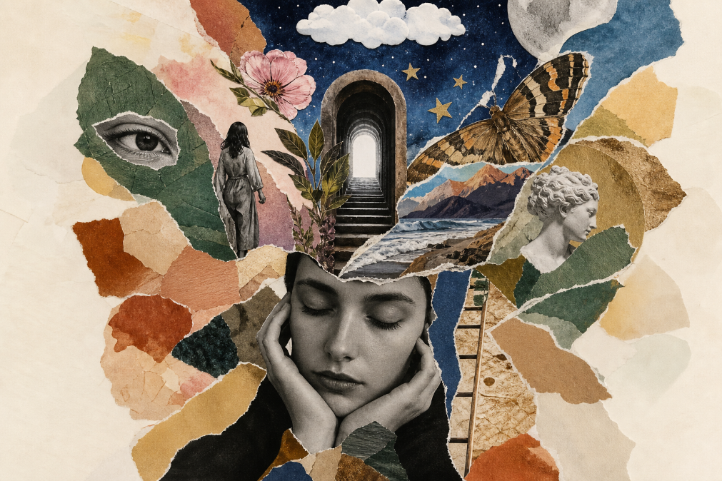 An intuitive collage of birds, a dancer, a clay pot, and torn paper images